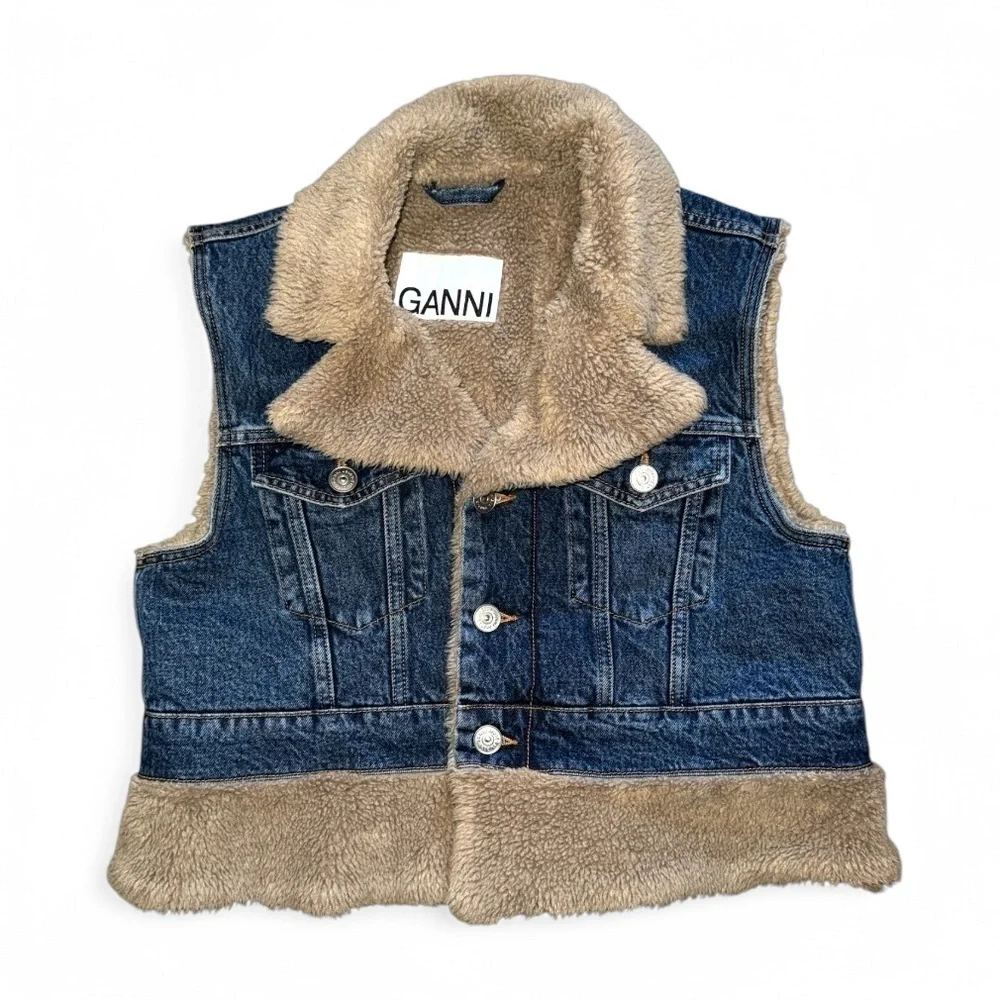 GANNI Fluffy Faux Shearling Sherpa Trim Denim Vest Gilet Embroidered Logo US 8